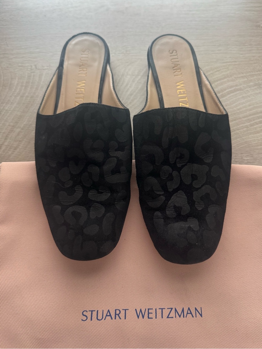 Stuart Weitzman Black Leopard-Print Mulearky Slip-On Suede Mules